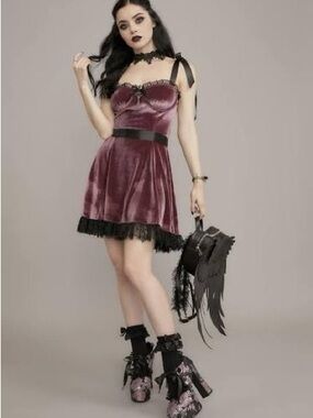 Dolls Kill Widow Velvet Mini Dress in Medium Purple/Pink with Black Lace